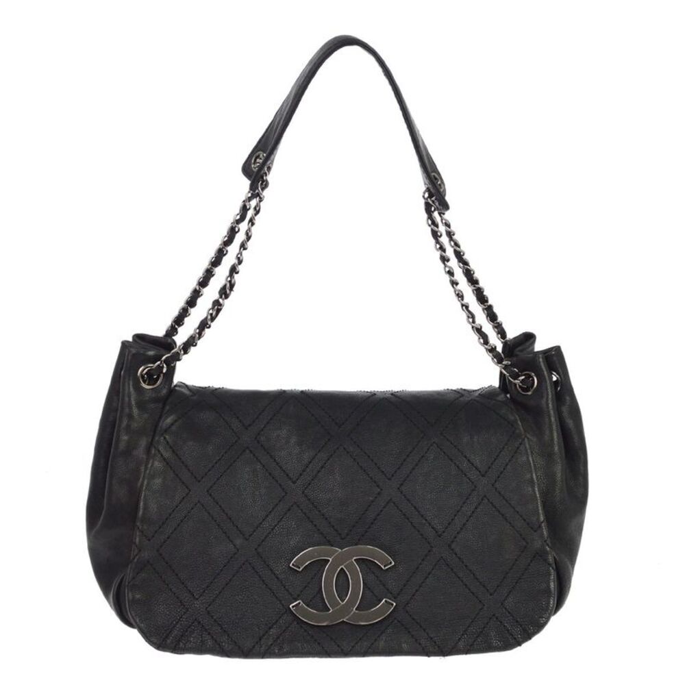 Chanel Diamond Stitch Accordion Flap Quilted Calfskin Black Calfskin Shoulder